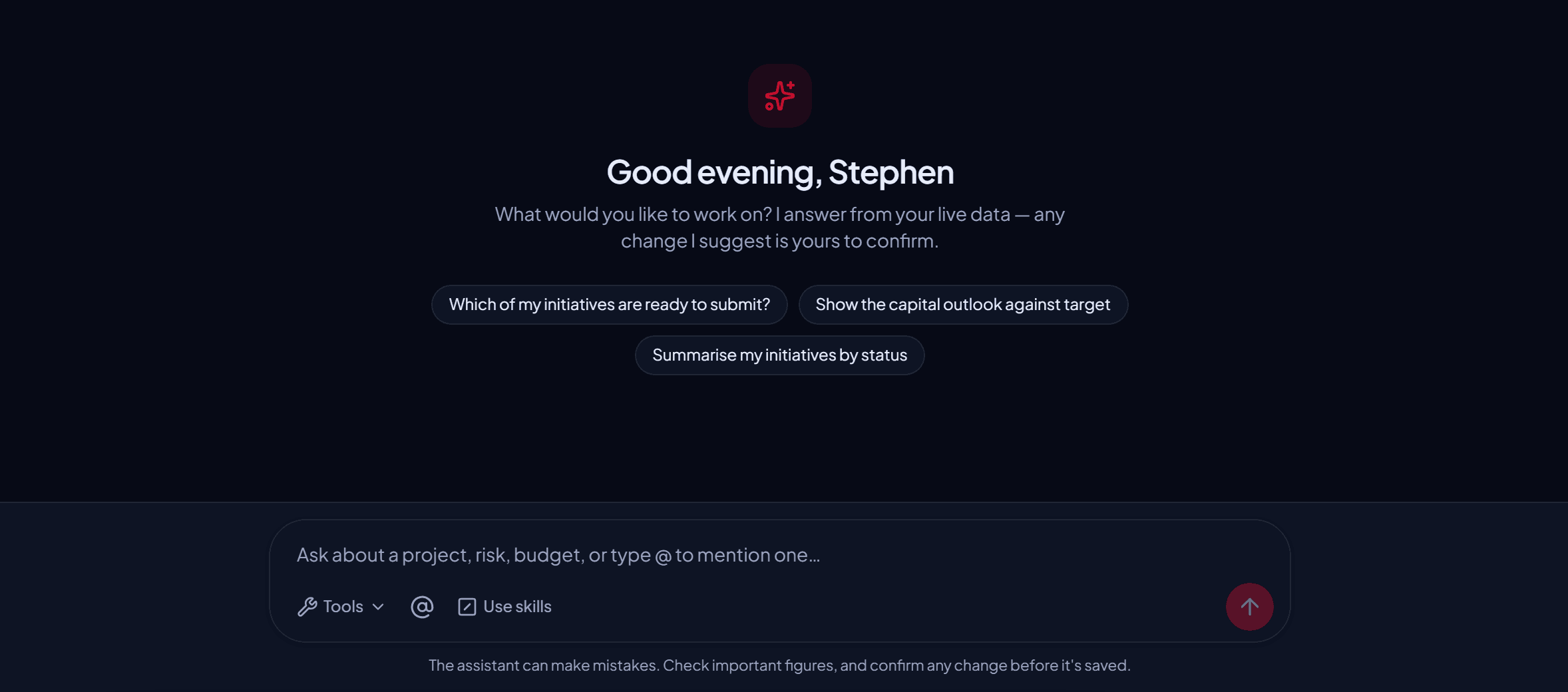 The PiSync Capital assistant, ready for a question, offering starting points such as “Which of my initiatives are ready to submit?” and “Show the capital outlook against target”, and noting that it answers from live data and that any change it suggests is yours to confirm.