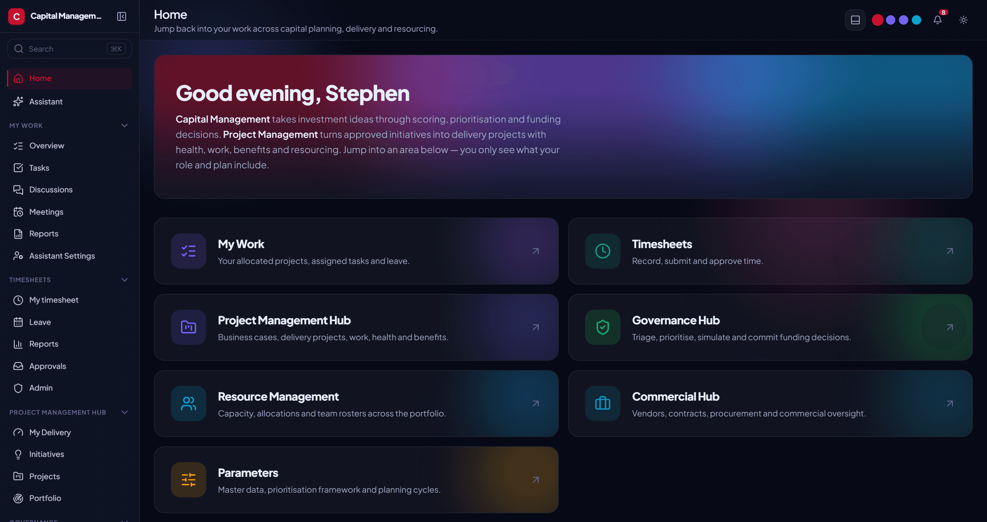 The PiSync Capital home screen with the navigation sidebar open, offering entry points into My Work, Timesheets, the Project Management Hub, the Governance Hub, Resource Management, the Commercial Hub and Parameters.